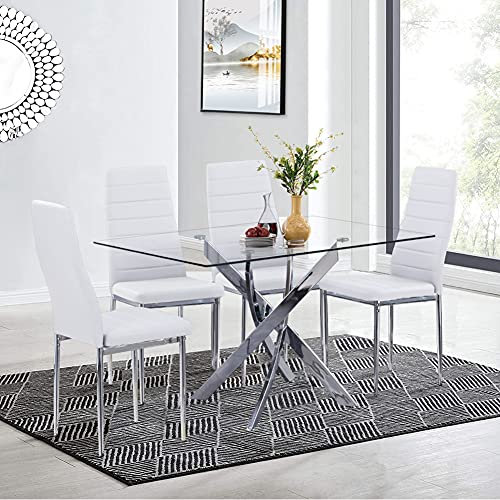 GOLDFAN Esstisch mit 4 Stühlen, moderner Esstisch aus Glas mit Chrombeinen und PU-Stühlen für Wohnzimmer und Büro (Weiß, 113 × 70 × 75 cm)
