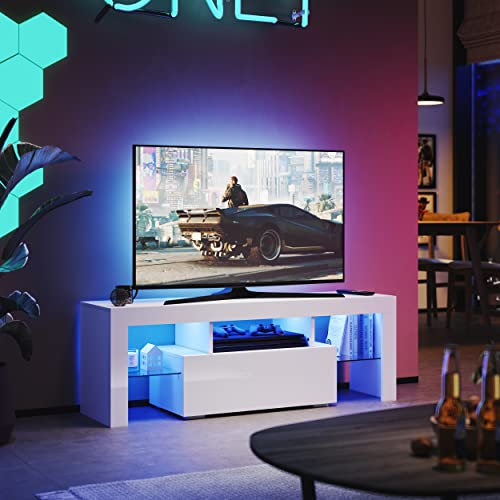 SUNXURY TV Lowboard Weiss Hochglanz mit RGB LED-Beleuchtung 130 x 45 x 35 cm(B/H/T)