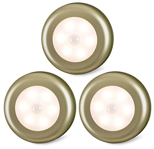 STAR-SPANGLED Motion Sensor Lights Indoor, High CRI Stick on Puck Lights Battery Powered, Cordless LED Light for Under Cabinet, Cupboard, Wardrobe, Stairs, Kitchen, Hallway (Gold, Warm White, 3Pack)