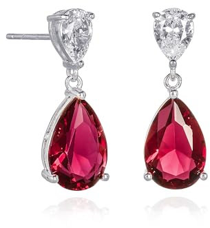 Diamond Treats Pendientes Colgantes de Plata de Ley 925 con Piedras Rojas en Forma de Pera y Piedras de Circonita Blanca, Pendientes Rojos Mujer, Pendientes pendientes Fucsia Mujer de Plata de Ley