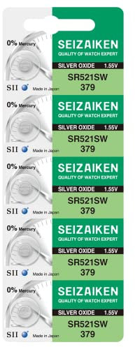 Seizaiken 379 SR521SW 1.55V 0% Hg Silver Oxide Watch Battery (5 Batteries) Made in Japan by Seiko
