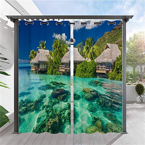 SK Studio 2 Stück Outdoor Vorhang Wetterfest Wasserdicht Sichtschutz Sonnenschutz Vorhang mit Strand-Ozean-Druckmuster für Balkon Terrasse Veranda Pergola Gartenlaube Stil 19, 253x241cm