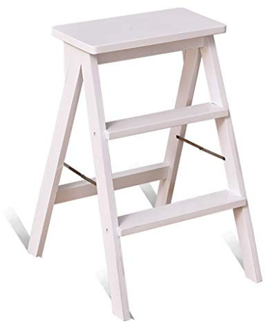 CHEWYNP Tritthocker aus Holz, Tritthocker Klappleiter mit doppeltem Verwendungszweck Treppenhocker Heimküche Kletterhocker Tragbarer Klappstuhl (Farbe: Weiß, Größe: 42 × 48 × 64 cm), Weiß,