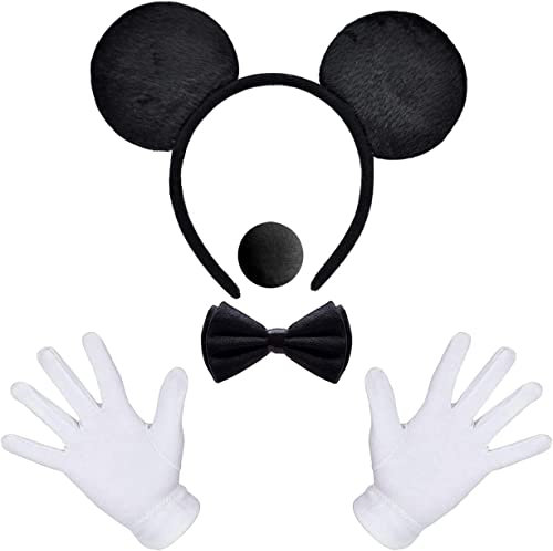 iZoeL Damen Maus Mouse Kostüm Haarreifen mit Maus Ohren + Handschuhe + Nase+Krawatte für Fasching Karneval Motto Cosplay Party