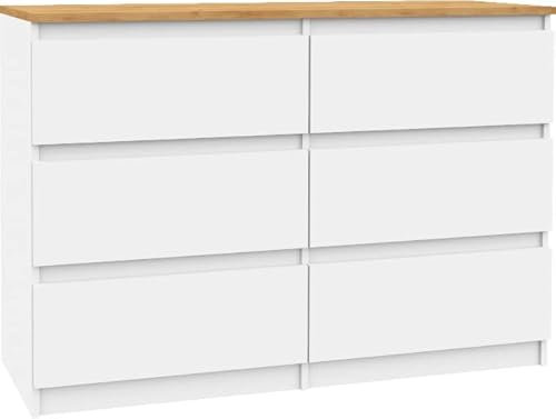 VBChome Kommode mit 6 Schubladen Weiß - Eiche 120 x 39 x 81 cm Grifflose Schubladenkommode Holz Mehrzweckschrank Mehrzweckschrank für Flur Schlafzimmer Wohnzimmer Kinderzimmer Einfache Montage