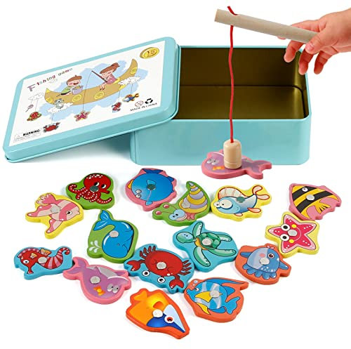 Jouets en Bois Jeu de pêche, Victse Jeux Montessori Enfants 2 Ans Jeu de Pêche Magnétique, Enfant en Bois Educatif Jouet, Jeux Enfants pour Développement (Bleu)