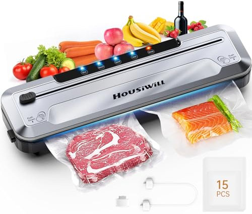 Housiwill Vacuum Sealer Machine, Strong Suction 5 Modes Food Sealers Vacuum Packing Machine with 15 BPA-Free Sealer Bags and Built-in Cutter, Food Vacuum Sealer Machine for Dry & Moist Food Preserving