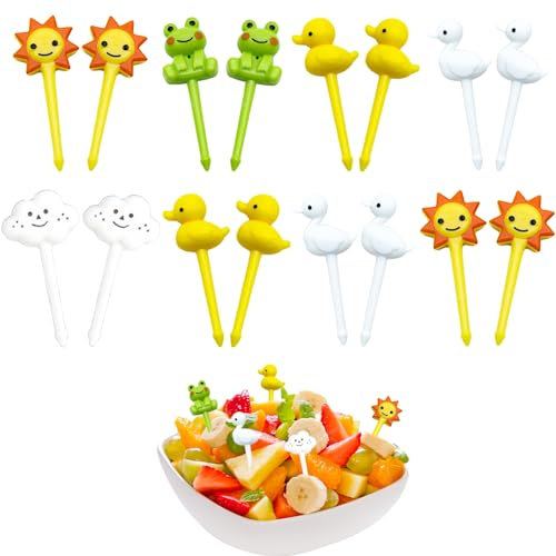 Kireida® 16 Stücke Niedlich Mini Frosch Ente Obstgabeln Kinder Plastik Bento Box Zubehör Für Kinder/Erwachsene, Hochwertiger Kunststoff, leicht zu reinigen Fruchtzahnstocher