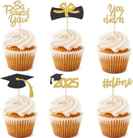 ALEGRE Abschluss Tortendeko Schwarz Gold,24 Stück Graduation Cupcake Toppers So Proud of You Kuchendeko,You Did It Tortenaufsatz,Kuchen Deko für Abschluss Deko,Abitur 2025 Deko,Prüfung Bestanden