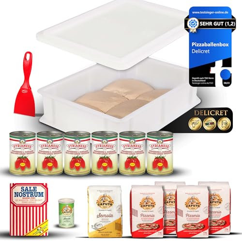 DELICRET - Starter - Kit deluxe | 6x Nolano San Marzano DOP + 1x Meersalz fein | 4x Caputo Pizzeria + 1x Semola + 1x Trockenhefe + 1x Pizzaspachtel + 1x Pizzaballenbox mit Deckel & Flyer