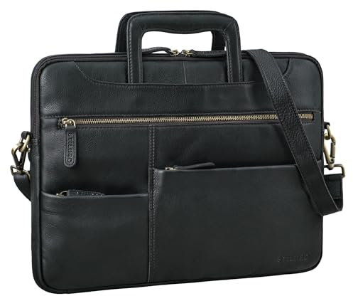 STILORD 'Farleigh' 15.6 Zoll Laptop-Tasche Leder mit Griff Umhängetasche Herren Arbeit Reisen Business Tasche Schmal Echtleder Laptophülle mit Schultergurt und Handschlaufe, Farbe:schwarz