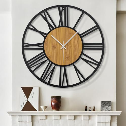 HAITANG 50 cm runde Holz-Wanduhr schwarz für Wohnzimmer-Dekoration, Vintage-Stil, römische Ziffern, geräuschlos, Nicht tickend, Hängeuhren für Zuhause, Garten, Büro, Café, Zimmerdekoration