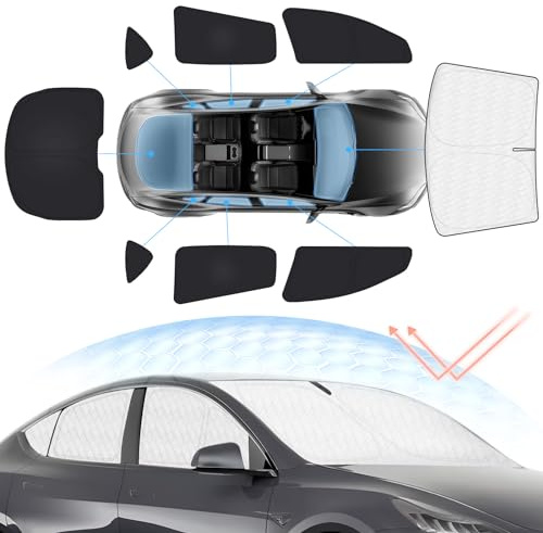 Sunsdrew Windschutzscheiben-Sonnenschutz-Set für Tesla-Modell Y 2020–2024, alle Front- und Heckseitenfenster, Sichtschutz, Faltbarer Sonnenblendenschutz, blockiert UV-Strahlung und Hitze, Modell Y,
