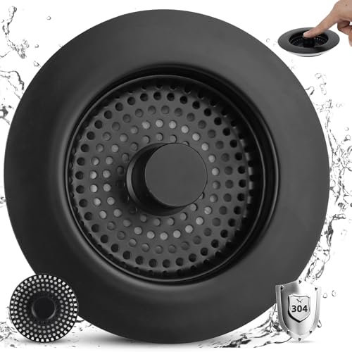 iFealClear Stainless Steel 3-in-1 Kitchen Drain Stopper & Strainer Set,Replacement for Food Waste Catcher, Odor-Proof & Leak-Proof, Fits Sink Holes 72-86 mm, Depth > 28 mm (Black)