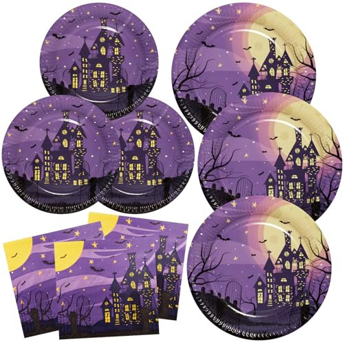 Set di Piatti carta di Halloween 48 pezzi Casa stregata Stoviglie per feste Piatti e Tovaglioli monouso, Viola