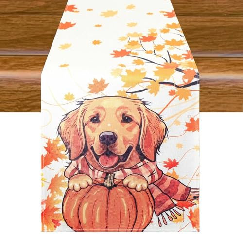 Aitsite Herbst Tischläufer, Küche Tisch Dekoration, Kürbisse Herbst Deko Draußen Urlaub Dekor Tischläufer, Herbst Tischdecke für Drinnen Urlaub Party Herbstdeko 40 x 180 cm (Golden Retriever Pumpkin)