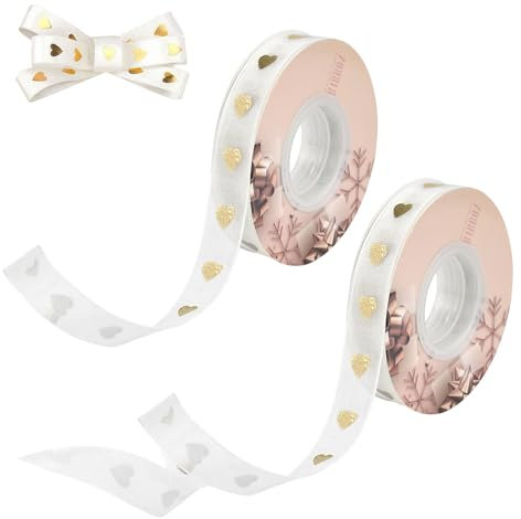MININUSI 2 Rollen Herz Bedruckt Satinband Geschenkband Hochzeit Schleifenband mit Herzen Gold Schneegarn Stoffband Dekoband Organzaband Glitzerbändern Dekorationsband für Geschenk (1.5cm*20m)