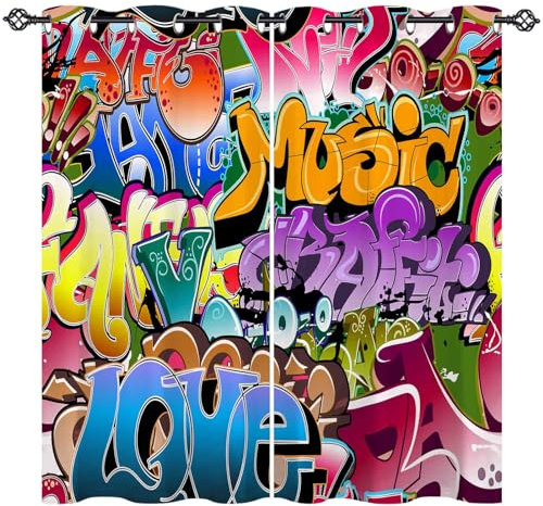 ANHOPE Bunte Städtisch Graffiti Gardinen Blickdichte mit Ösen Kinder Jungen Mädchen Thermo Vorhänge Blackout Curtain Vorhang Wohnzimmer Schlafzimmer Verdunklungsvorhänge 2er Set H 160 x B 132 cm