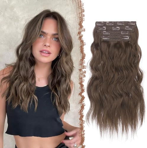 FESHFEN Clip in Extensions, 4PCs Lang Wellig Voller Kopf Haarverlängerungen mit Clips Synthetik Gewellt Kastanie Braun Haarextension Wavy Haar Extensions Clip in Haarteil für Damen 40 cm