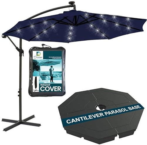 Divine Style 3M Cantilever Parasol with Base Included, LED Lights and FREE Waterproof Cover for Outdoor Patio