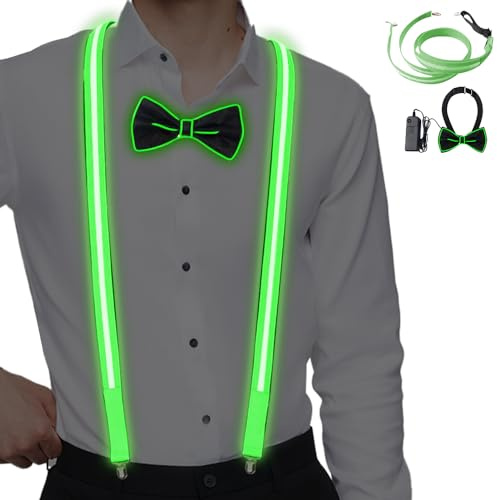 PLLYPE 2 Stück/Set Leuchtende Herren-LED-Hosenträger und Fliege, Leuchtende Herren-Accessoires, Fliege für Weihnachten, Kostümparty, Party, Musik festival, Karneval (Grün)