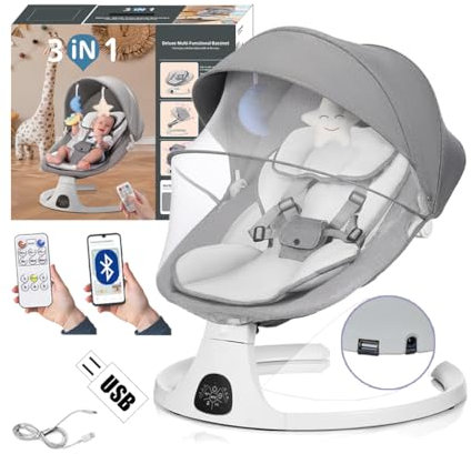 Wrneaoch 2 in 1 Sdraietta Neonati Elettrica 0-12 kg Dondolo Neonati Elettrico con Telecomando e Bluetooth USB Altalena Neonato Elettrica con Cintura di Sicurezza a 5 Punti, per Bambino 0-3 Anni