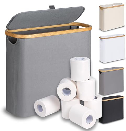 efluky 28L Toilettenpapier Aufbewahrung Korb mit Deckel, Bambus Toilet Paper Organizer Badezimmer Organizer, Klopapier Aufbewahrung für 9-12 Rollen Klopapier, Perfekt für Enge Räume (Grau)