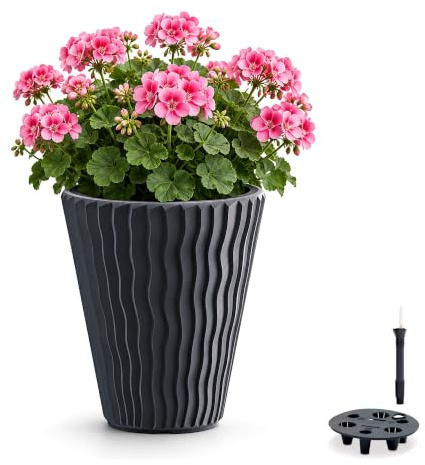 MELTOM Pflanzkübel Rund H 39 cm Ø 34 cm Anthrazit mit Bewässerungssystem | 21 Liter · Einsatz 11 L mit Griffen · Wasserreservoir mit Wasserstandsanzeiger · ohne Bodenloch · Innen & Außen