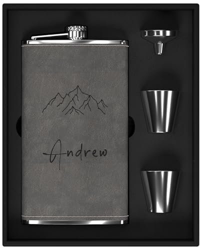 Juego de Regalo de Petaca Grande Personalizada para Hombres 355ml/12oz, Petaca de Acero Inoxidable 304 Grabada para Caza, Viajes o Escalada con Icono de Montaña (Gris)