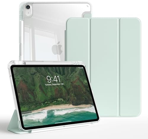 ZKTUYU Hülle für iPad Air 11 Zoll 7/6 (2025 M3/2024 M2)/10,9 Zoll 5/4 (2022/2020) mit Stifthalter, Trifold Ständerhülle Transparente Rückseitenschale Dünner Ständer Tablet Schutzhülle (Hellgrün)