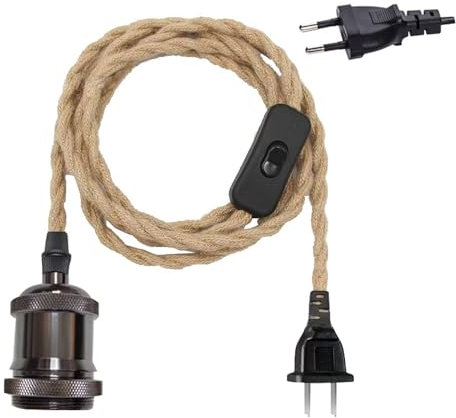 Mengjay Lustre Corde de Chanvre,Douille E27 Vintage Cable Suspension Luminaire avec Interrupteur et Fil Cable,Induistrielle Suspension Lampe Corde pour Maison, Chambre, Bar (Noir)