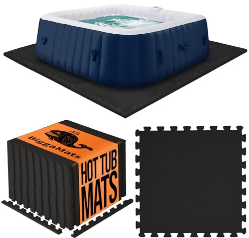 BIGGAMATS EVA Foam Hot Tub Mat | Black Non-Slip Interlocking Pool Mats | 50 x 1.4 cm Waterproof Outdoor Mats for Hot Tub, Spa & Paddling Pool | Pack of 12