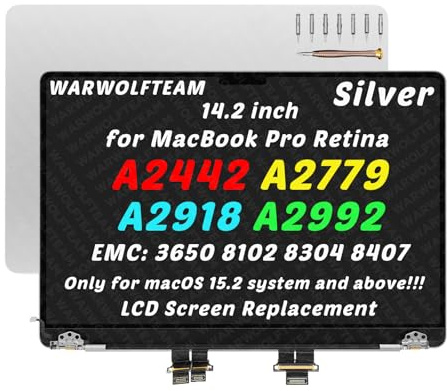 WARWOLFTEAM LCD-Bildschirm für MacBook Pro A2442, A2779, A2918, A2992, Silber | EMC 3650, EMC 8102, EMC 8304, EMC 8407, 36.1 cm, 3024 x 1964, LCD Screen Display Assembly Replacement