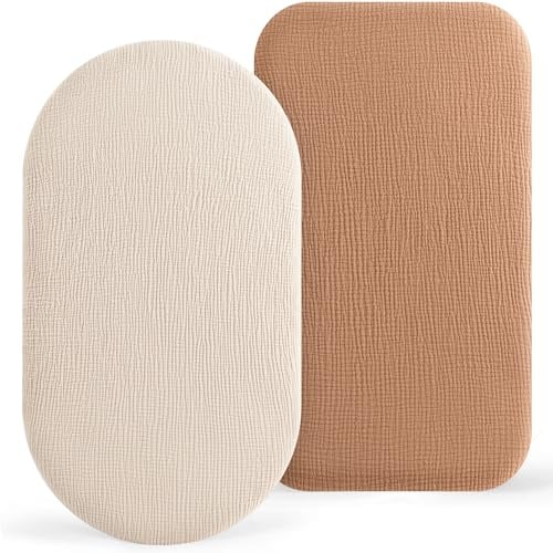 Susurration Moses Basket Sheets, 2 Pack Muslin Cotton Bassinet Sheets Fits Oval and Rectangle Crib Bassinet Mattress, Breathable and Skin-Friendly for Baby Boy and Girl, 90x50 cm (Cream & Brown)