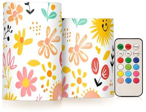 aidingzhi Summer Safari Fresh Doodle Sun flammenlose Kerze mit Timer, Kerzen, batteriebetrieben, elektronische Lichter, Glitzer-LED für Nacht, batteriebetrieben, flackernd, 2-teiliges Set