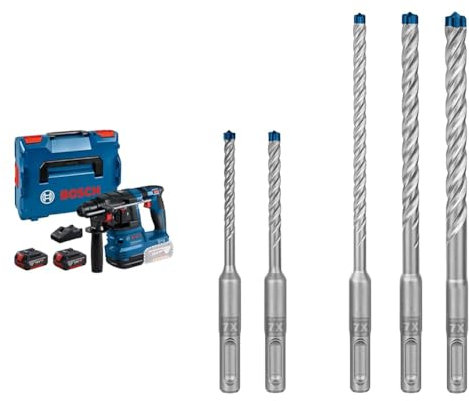 Bosch Professional 18V System Akku Bohrhammer GBH 18V-22 (mit SDS plus, inkl. 2x Akkus, Schnellladegerät) + 5x Expert SDS plus-7X Hammerbohrer Set (für Stahlbeton, Ø 5-10 mm)