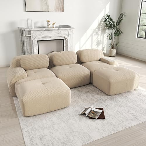 Dolamaní U-förmiges Sofa, Couch Sofa Cord Stoff für Wohnzimmer,Wohnung,Büro,Einfache Montage (Beige, F-(3 Sitzer +2 Hocker)