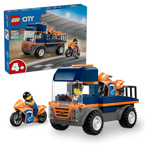 LEGO City Motorcycle Transporter - Fine Motor Skills Toy w/Flatbed Truck, 2 Motorbikes, 2 Minifigures, Ramp & Accessories - Birthday Gift for 4+ Year Old Boys - 60491