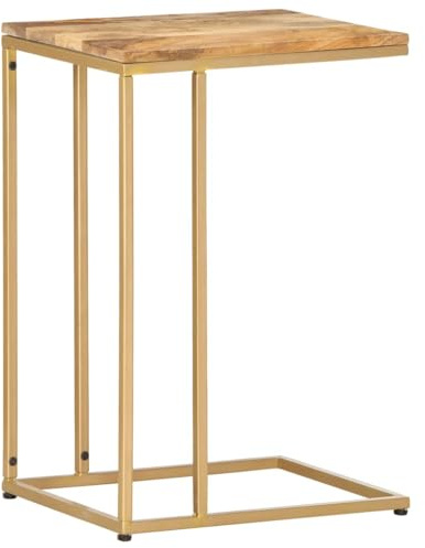 QZZCED Beistelltisch in C-Form aus massivem Mangoholz mit Stahlrahmen und natürlichem Finish, stabiler Sofa-Möbel für Getränke und Dekoration, einfache Montage und Design