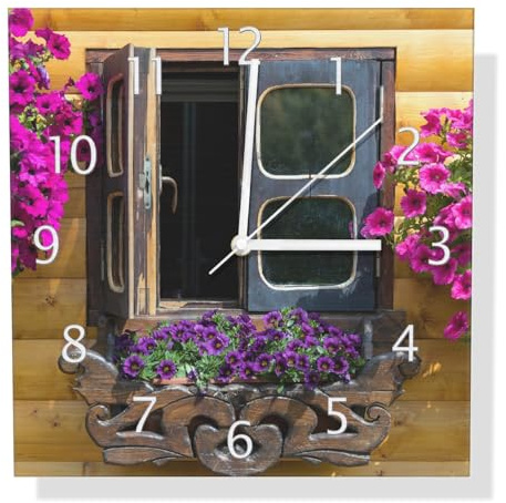 Wallario Design Wanduhr Fenster mit Blütenpracht aus Aluverbund, Alu-Uhr Größe 30 x 30 cm, weiße Zeiger mit Metalloptik