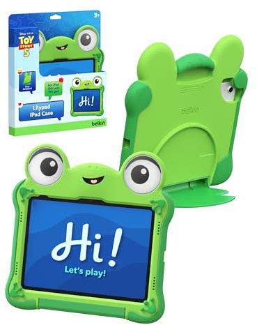 Belkin, Disney och Pixar har skapat ett fodral för iPad A16 (11:e gen. 2025, 11/10:e gen. 2022, 10,9), inspirerat av Lilypad i Toy Story 5 – Stötsäkert, Ogiftigt iPad-Fodral med Stöd och Handtag.