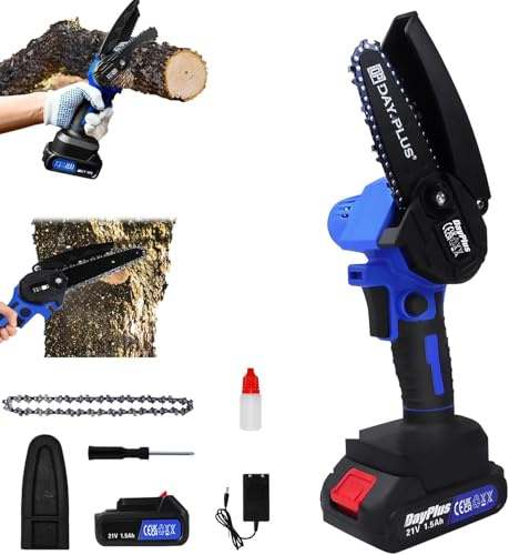 21V Akku Kettensäge mit Akkus, 6 Zoll Blau Kettensäge Elektrisch Handsäge Einhand Handkettensäge, Astsäge Akku mit Sicherheitsschloss für Gartenarbeit Baumbeschneidung Holzschneiden