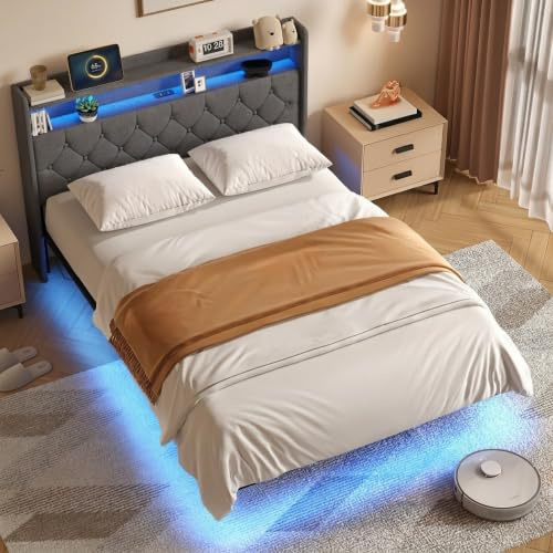 Xbro Bettgestell 140x200cm, Schwebender Bett mit LED-Beleuchtung | Doppelbett mit USB Ladestation und Kopfteil, Schwebebettrahmen Metallbett , Leinen, Dunkelgrau