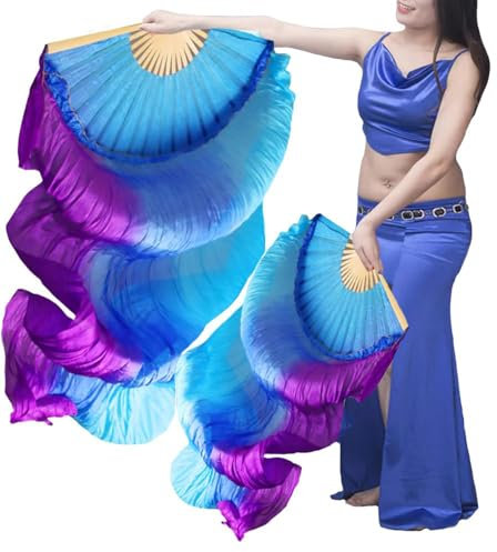 Nimiman Women Chinese Silk Belly Dance Fan Veils Vertical Gradient Color Turquoise Blue Purple (1.5m)