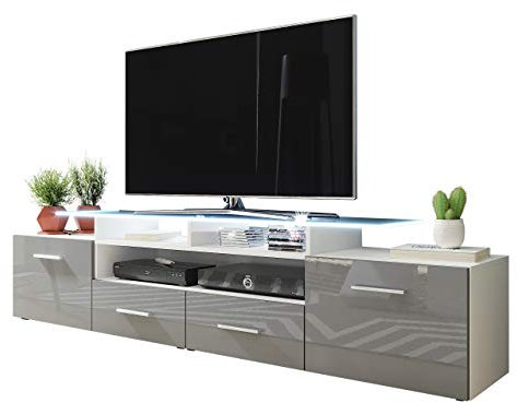 Mirjan24 TV Schrank Agnes, TV Lowboard mit 2 Türen und 2 Schubladen, fronten in Hochglanz, TV-Bank Fernsehschrank, Sideboard Tisch (weiß/grau Hochglanz, mit weißer LED Beleuchtung)