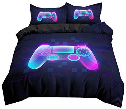 3D Game Console Gamepad Set Housse de Couette Gamer 1 Personne Manette de Jeu Vidéo Console de Jeu Noir Gris Blanc Ensemble de Literie pour Enfants Parure de Lit (Violet, 140 x 200 cm)