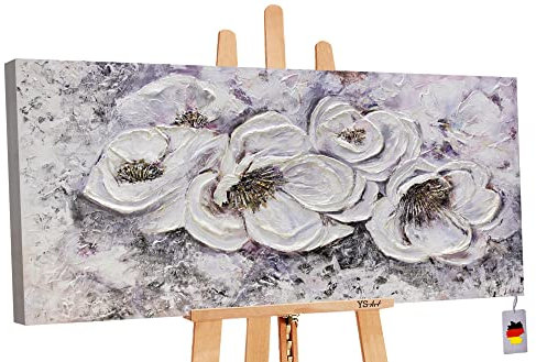 YS-Art Abstrakt Acryl Gemälde auf Leinwand handgemalt Lieblingsblumen Wandbilder Wohnzimmer moderne weiß violette Blumen Wohndekor Bilder echte Kunst 100x50 cm