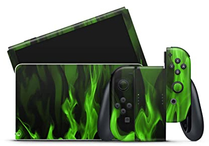 Skins4u Skin Design Folie kompatibel mit Nintendo Switch Konsole & Controller OLED Aufkleber Skins Wraps Decal Gruene-Flammen