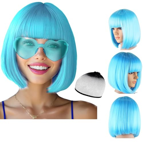 Party Wigs Wig Cap and Sunglass Set,Short Bob Hair Wigs Straight with Flat Bangs Synthetic Colorful Cosplay Daily Party Neon Wig for Women (Blue)