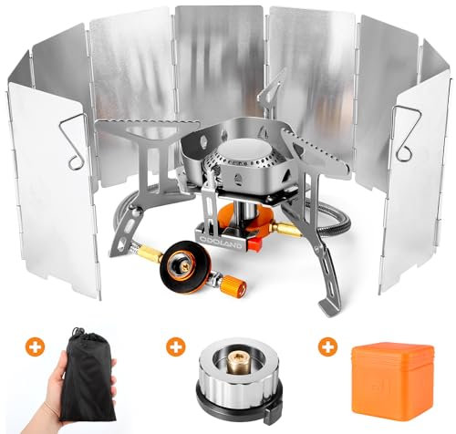 Odoland Hornillos Portátiles de Camping con Parabrisas Plegable, Mini Estufa Plegable de Acero con Encendido Piezoeléctrico, Hornillos de Gas Ultraligera para Camping Picnic Mochilero Senderismo
